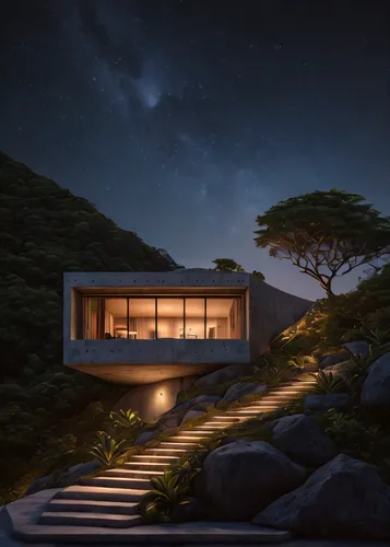 warm tropical architecture minimalist concrete cottage in top of a mountain with the stars of the night timelapse, high quality, 8k,dunes house,mid century house,modern house,house in mountains,3d ren