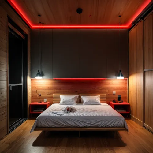 red colour wood,neon light,sleeping room,modern room,bedroom,guestroom,modern decor,guest room,great room,contemporary decor,boutique hotel,japanese-style room,room lighting,ceiling lighting,hotel w b