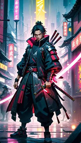 Visualize a hero embodying the Bushido code. Blade Ronin wears traditional samurai armor with a futuristic twist, wielding a mystical katana that glows with energy. His stance is noble and determined,