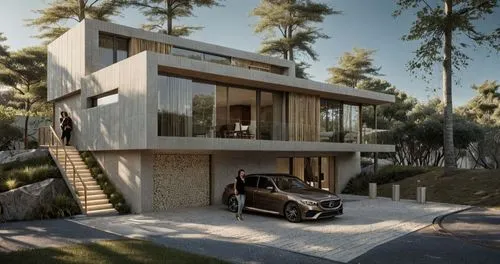 a car that is in front of a house,modern house,dunes house,modern architecture,cubic house,contemporary,residential house,luxury property,forest house,holiday villa,smart house,house in the forest,vil