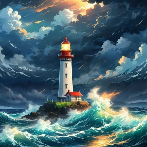 A picturesque 1802 lighthouse, its soft light casting a warm glow on the turbulent ocean waves and brooding sky, creating a serene yet dramatic contrast with the stormy seas and dark clouds in the bac