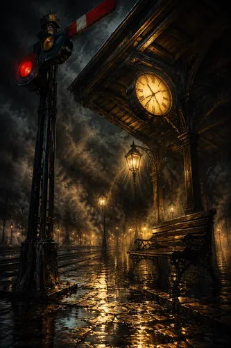 Painted realistic comic book cover art of a foggy night train station, rendered from an extreme low angle for maximum drama. Rich painterly brushwork depicts a towering wooden canopy with a radiant gl
