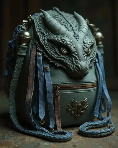 a handbag designed like a dragon head with intricate designs, positioned in the center of the image, three large gothic-style laces on either side of the left strap, one light blue and one dark brown 