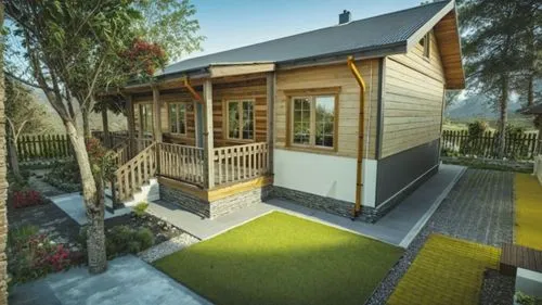 small modern house surrounded by a garden.
 Gray roof.,a rendered rendering of a house in a garden,wooden decking,inverted cottage,prefabricated buildings,small cabin,chalet,cabins,annexe,decking,holi