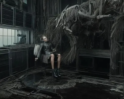 Fashion imagery ,Alexander Mcqueen vinyl outfit, Vogue Italia by Steven Klein
,a dark looking room with a woman in boots,condemned,photo manipulation,creepy doorway,witch house,abandoned room,dissolut