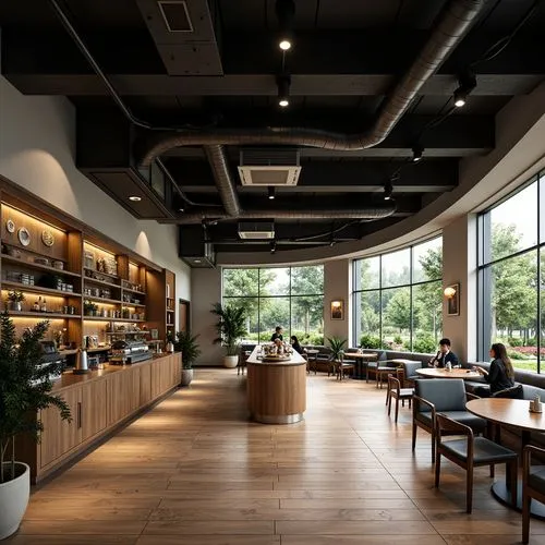 Envision the overall view of a French coffee shop in a round premises, surrounded by high windows in a contemporary style, overloking a nice garden. The coffee shop sells pancakes and churros and coff