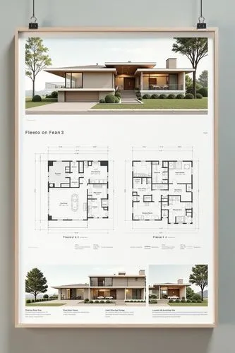 A professional architectural presentation board with a Pure background and a clean, minimalist design layout. The board includes:

Top Section: On the top left, a photorealistic render of a contempora