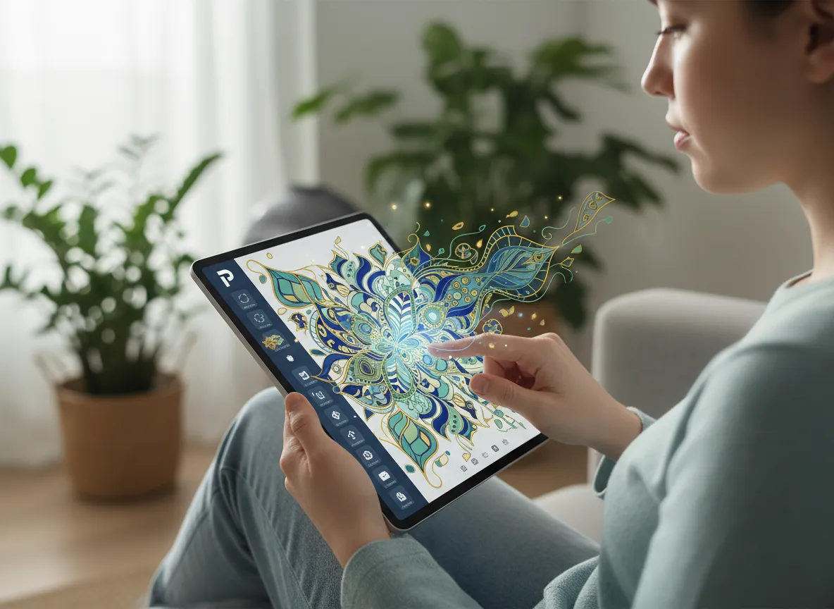 एक व्यक्ति शांति से एक टैबलेट पर PromeAI इंटरफ़ेस के साथ बातचीत कर रहा है, जिसमें स्क्रीन पर एक शांत Zentangle डिज़ाइन साकार हो रहा है।