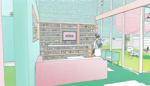 drawing of a women standing in a pink room,prempro,prefab,prodromal,promisor,pharmacy,prekindergarten
