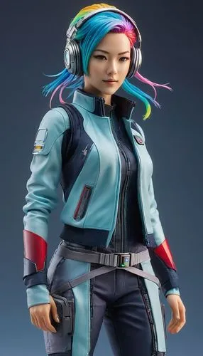 Beautiful Japanese fashion model with rainbow hair and preppy casual wear, ethereal dreamy mist, posing in a fashion pose. Kinship Magazine. Gentle smile,a woman in a blue jacket with a headband and r