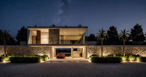 there is a car outside a modern home at night,modern house,dunes house,luxury home,holiday villa,residential house,landscaped,private house,luxury property,stucco wall,beautiful home,exterior decorati