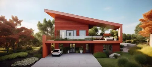 a drawing of a modern red and white house,prefab,snow roof,frame house,smart home,chalet,modern house