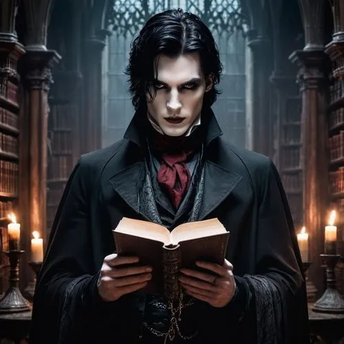 front shot of a sinister vampire and mysterious character named Mortimer Black, a tall gaunt man with pale translucent skin, hollow glowing eyes that emit a faint red light, messy black hair streaked 