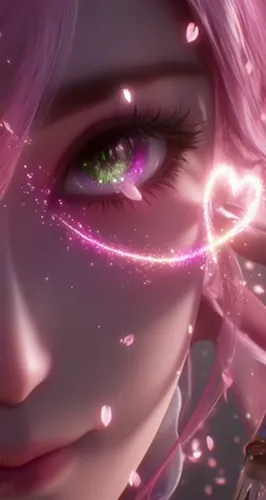 Close-up of the eyes—bright and sparkling, as if countless stars swirl within. A blink, long lashes quivering slightly, strands of hair swaying in the wind. Pink petals scatter, while heart-shaped par