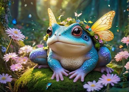 Fantasy, dreamy, whimsical bullywug creature, cute chubby body, fluffy fur, big round eyes, tiny nose, smiling face, colorful wings, sparkles, glitters, pastel colors, soft lighting, gentle compositio