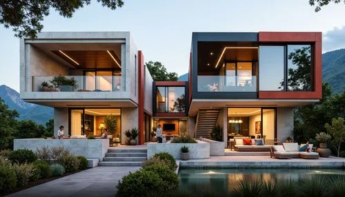 Eclectic postmodern villa, fragmented forms, irregular shapes, bold color blocking, playful juxtapositions, mixed materials, rough stone walls, smooth glass surfaces, wooden accents, metal frames, orn