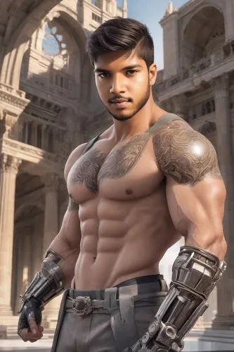 A muscular man with a thick beard and a muscular brow stands in front of a grand hall of a modern building. His body is intricately detailed, with a range of facial features and facial features. His h