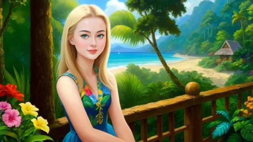 Romantic masterpiece oil painting, cute girl portrait, nostalgic 1950's style kitsch, vibrant rainforest landscape, lush tropical jungle paradise, summer beach cottage scenery, by Thomas Kinkade, by B