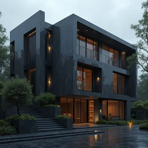 A luxurious, ultra-modern, three-story mansion with a sleek, dark gray marble facade and prominent vertical columns, situated in a refined, upscale residential setting. The exterior features large fl