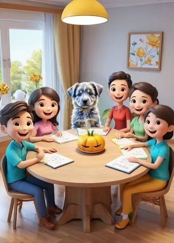 a group of people sitting around a table with a dog on top of it,family dog,look at the dog,family dinner,happy family,that dog,diverse family,dog cafe,dag,dog,dog frame,animal film,family gathering,f
