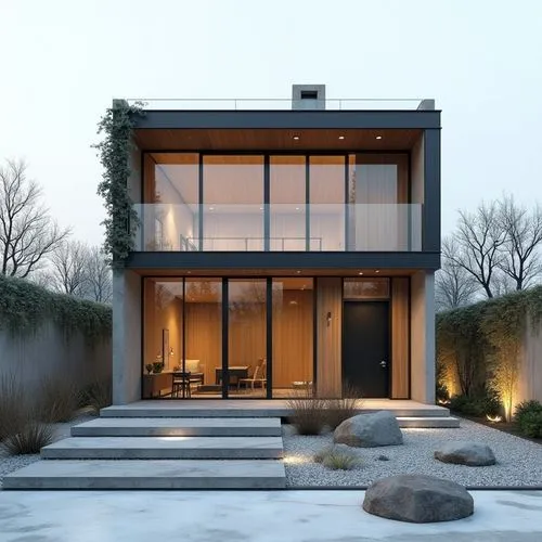 A minimalist, two-story modern home characterized by clean geometric lines and a balanced combination of materials—smooth concrete, matte black metal framing, and vertical natural wood cladding. The f