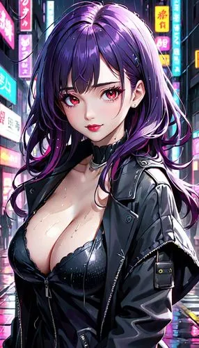 ((solo)). modern pop art style, female character around 30 years old. mature body with large breasts and cleavage. wearing black clothing, a cyberpunk style outfit. she has a cheeky smile. red eyes. l