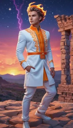 portrait shot man vivid quirky high fashion lightning portrait illusory landscape firey sunset range of colors standing on the edge of ancient ruins at earthrise starry skies before heaven astral phot