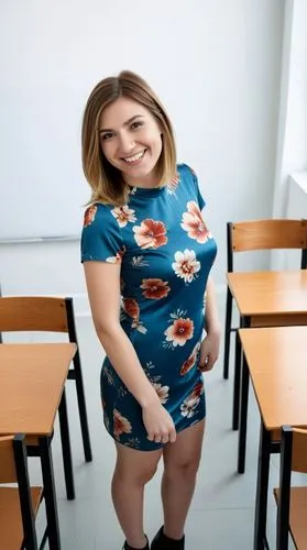 High quality photo, best face features: beautiful face, smart 23-year-old european female with a great satisfied smile, facing the camera and looking directly at it.,a woman is standing in a classroom