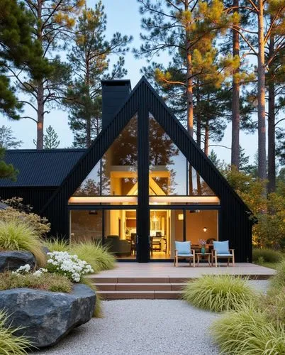 Modern rustic, Black metal and wood cladding, Expansive glass front, Minimal stone landscaping, Subtle interior warmth, Neutral earthy tones, Intimate connection to nature, by Peter Zumthor

,a house 