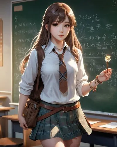 1girl, solo, long hair, looking at viewer, skirt, brown hair, shirt, jewelry, school uniform, necktie, choker, indoors, bag, bracelet, plaid, plaid skirt, classroom, chalkboard,a woman wearing school 