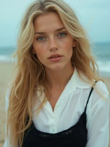 a portrait of a stunning 22-year-old caucasian young woman with long, flowing blonden hair, blue eyes, wearing a  white blouse and a black dress , standing in the serene sand of a beach . The backgrou