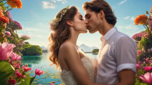 A couple in love, a pretty young lady and an elegant young man, are kissing on an island in a flower lagoon.,a couple is kissing in front of flowers,romantic scene,maxon,romancing,rose garden bad kiss