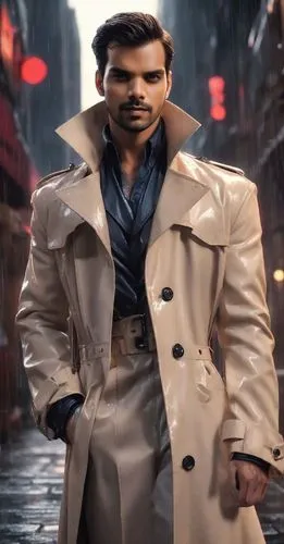 "A rugged muscular man with slicked-back blond hair wearing a long black leather trench coat. He is standing on a rainy rooftop at night. His face is calm and serious. He wears shiny red-tinted sungla