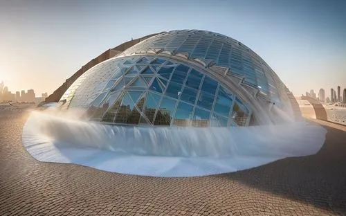 ARCHI-UNION STYLE ARCHITECTURE, CHURCH EXTERIOR BUILDING, FACADE, WINDOWS, DOME, DUBAI , SAND FLOORING, CONTRASTED IMAGE, CLARITY 60,futuristic architecture,glass sphere,musical dome,futuristic art mu