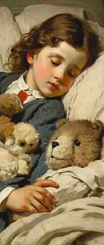 After a long day, the tired child cuddled up with their favorite stuffed animal.,boy and dog,landseer,girl with dog,stuffed animals,bouguereau,little boy and girl,orphans,vintage children,children,ted