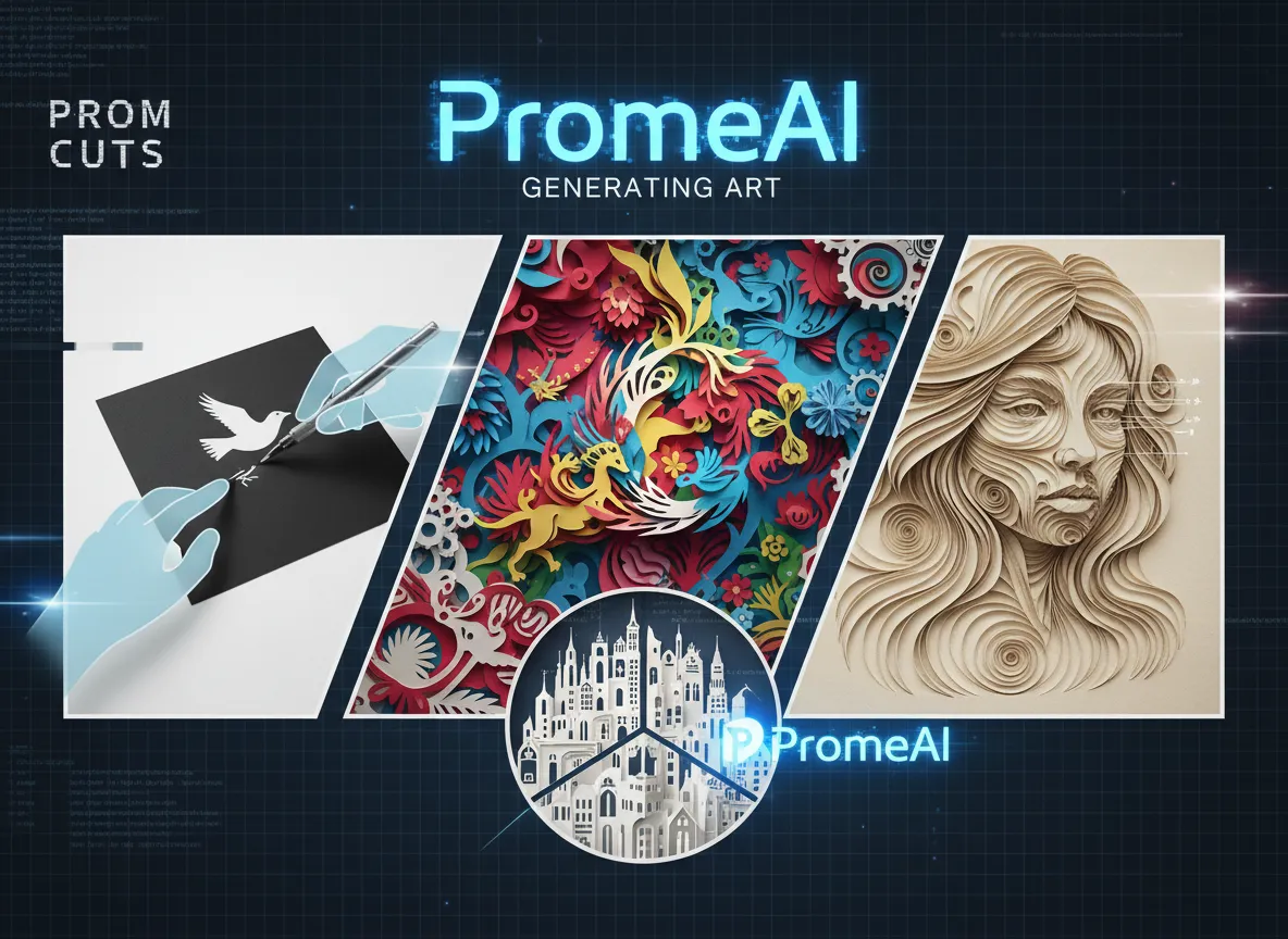 Un collage dal ritmo veloce di vari stili di intaglio su carta, dalle semplici silhouette alle scene complesse, generati da PromeAI.