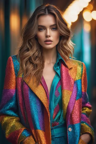 colorful fashion portrait, inspired by fashion photographer, low contrast cold color palette, mode fashion look, high fashion pose,coat,bolero jacket,long coat,coat color,harlequin,colorful,colorful l