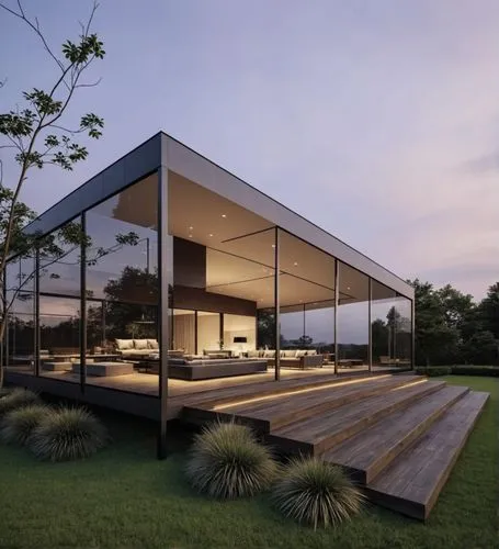 Architecture Design,a modern glass house with wooden steps and landscaping around it,cubic house,cube house,dunes house,mirror house,landscape design sydney,modern house,Photography,General,Realistic