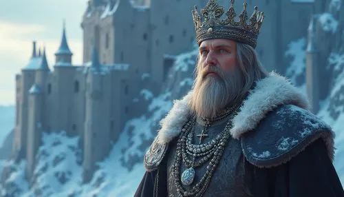 An intricate digital illustration of a wizard standing on a dark gray castle. His prominent presence, with an elaborate crown and beard, is highlighted by the rich jewel details of his warrior attire,