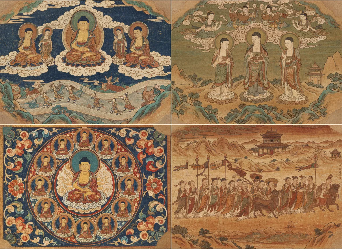 شبكة من أربعة اختلافات مختلفة لطراز دونهوانغ تم إنشاؤها من نفس الأمر، تعرض تركيبات فنية وأنظمة ألوان مختلفة.