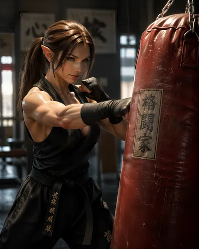 Manga style:

Lara, a stunning elf in her thirties with the athletic build of Lara Croft, pointed ears, and brown hair and eyes, is wearing a martial arts outfit. She is in a gym, training on a punchi