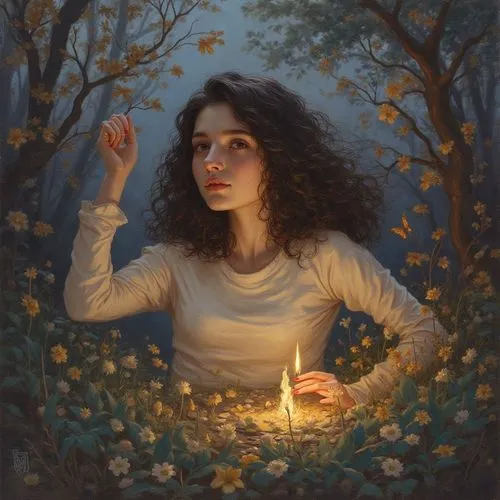 Please. i need your screams to help me feel the bountifulness in nothing. ,a girl holds the candle in a painting,mystical portrait of a girl,fantasy portrait,candle light,romantic portrait,gardenias,g