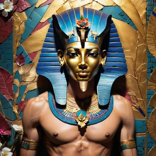 Anubis, represented by the head of a jackal, takes on a muscular male human body and looks at the mask of Tutankhamun, in the background a large wall adorned with brightly colored Egyptian hieroglyphi