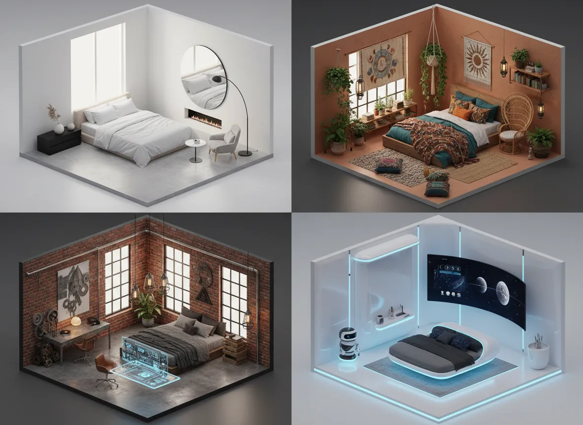 Una galleria di quattro diverse stanze isometriche che mostrano varietà stilistiche: minimalista, bohémien, industriale e futuristica.