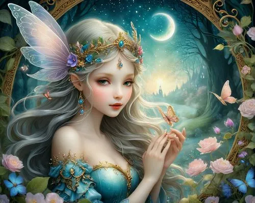 
love peace harmony ethereal and mystical detailed and artistic,there is a beautiful fairy girl holding a erfly,faerie,faery,fairie,fairy queen,fairy,little girl fairy,Illustration,Realistic Fantasy,R