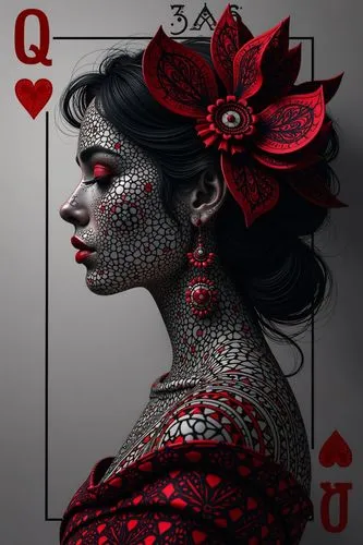Queen of heart playing card, female, pop art, luminism, inspired Luc Besson, panning blur, bar code, QR code, perfect composition, beautiful detailed intricate insanely detailed octane render trending