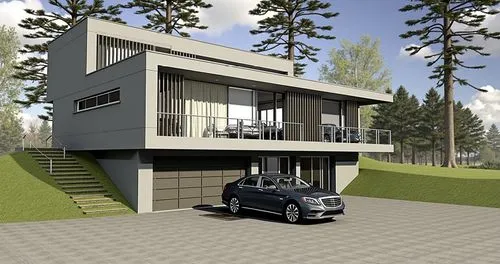 a black car parked in front of a two story house,modern house,residential house,smart house,carports,renders,chalet,prefab,mid century house,modern architecture,dunes house,inverted cottage,house draw
