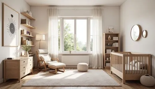 Modern baby room, soft pastel colors, minimalist decor, ergonomic furniture, convertible crib, changing table, comfortable glider, plush area rug, natural wood accents, white walls, large windows, gen