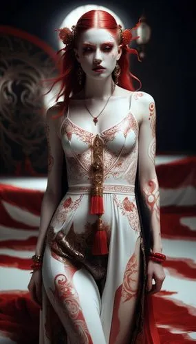 A woman with a porcelain-like complexion, adorned with intricate red and white tattoos, stares directly at the viewer. Her eyes are a deep crimson, and her lips are painted a soft red. She wears a whi