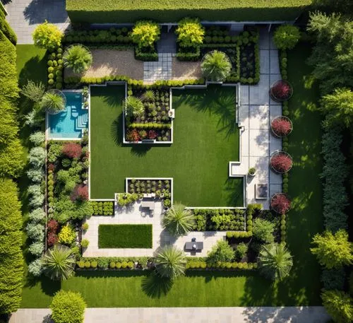 an aerial view of a garden with a pool and greenery,garden elevation,gardens,drone shot,bird's-eye view,view from above,garden design sydney